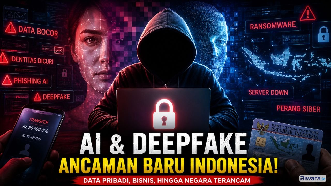 Ilustrasi ancaman AI generatif deepfake ransomware dan pencurian identitas digital yang kini menjadi ancaman serius bagi keamanan siber masyarakat UMKM hingga sistem digital nasional di Indonesia